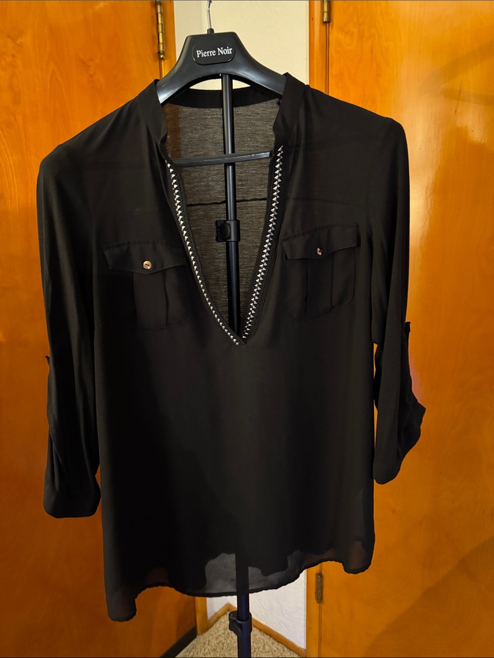 Women's Black V-Neck Blouse with Embellished Trim